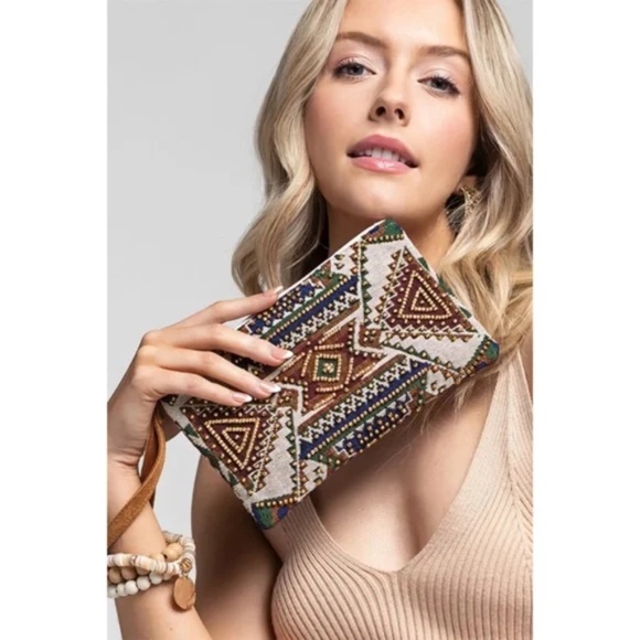 Handmade Cairo Western Boho Ethnic Pattern Beaded Jacquard Wristlet Clutch - Picture 1 of 7